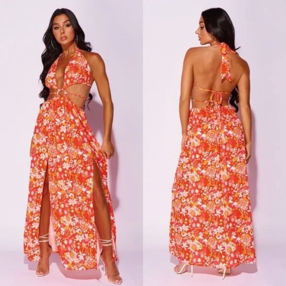Floral Print Sleeveless V-Neck Halter Neck Backless Front Slit Cutout Maxi Dress - Picture 1 of 14